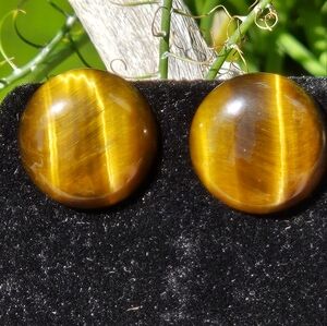 Tiger's Eye Cabachon Goldtone Stud Earrings 17mm Diameter, 5mm Height